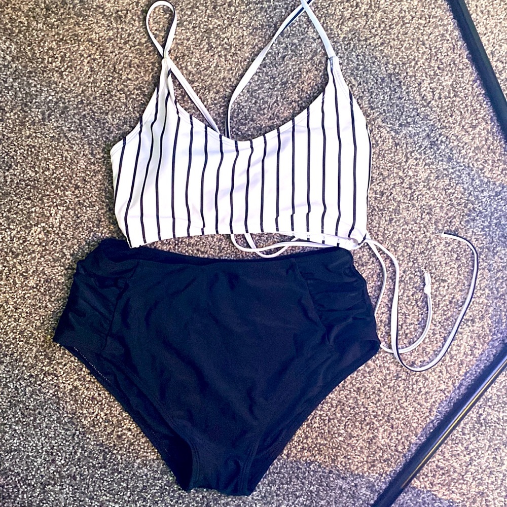 Black and white striped size small woman’s high waisted  bikini